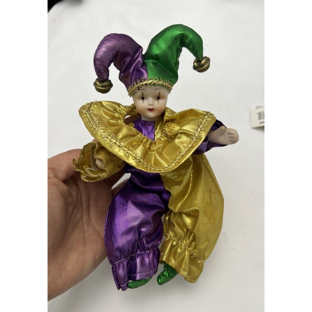 Vintage Style Mardi Gras Jester Doll Ornament Purple Green Gold Decor
